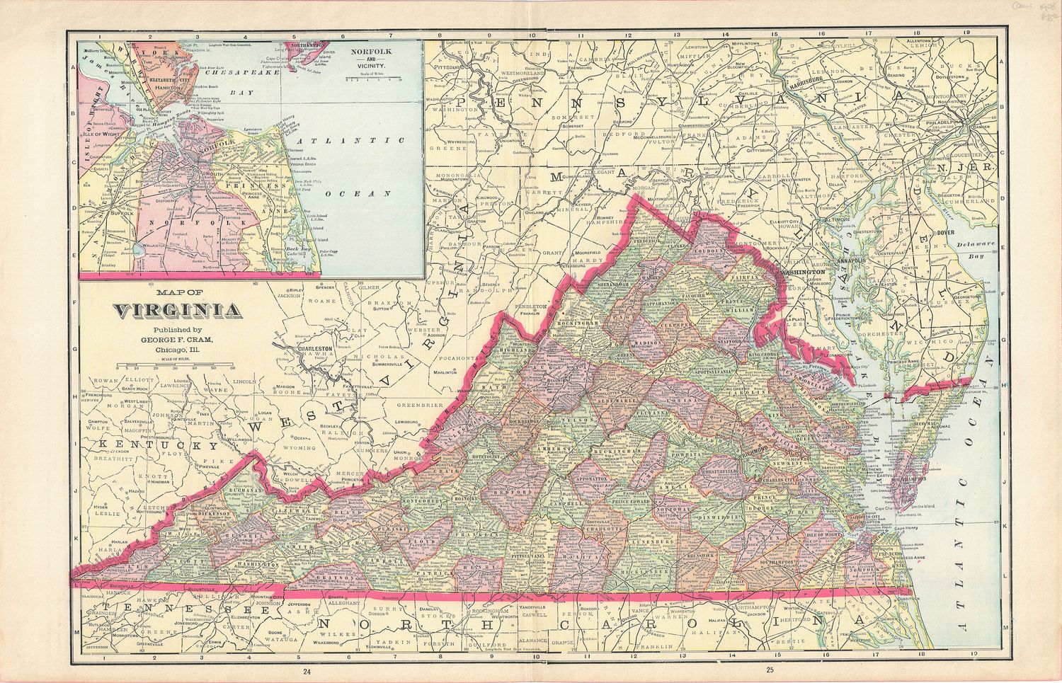 1908 Map of Virginia by George Cram