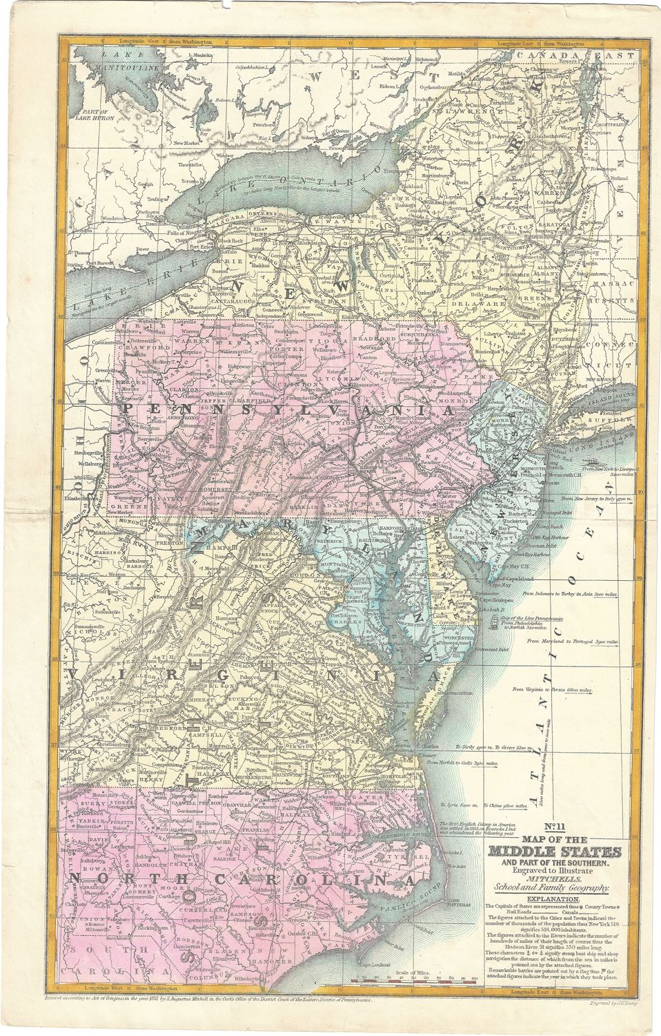 1852 Mitchell&#39;s Map of Middle States (US)