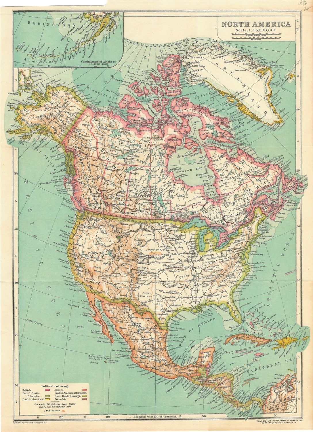 1912 Map of North America by Encyclopedia Britannica