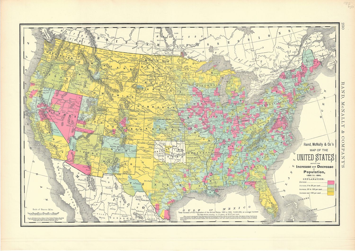 1892 Map of the US Population Increase and Decrease by Rand McNally