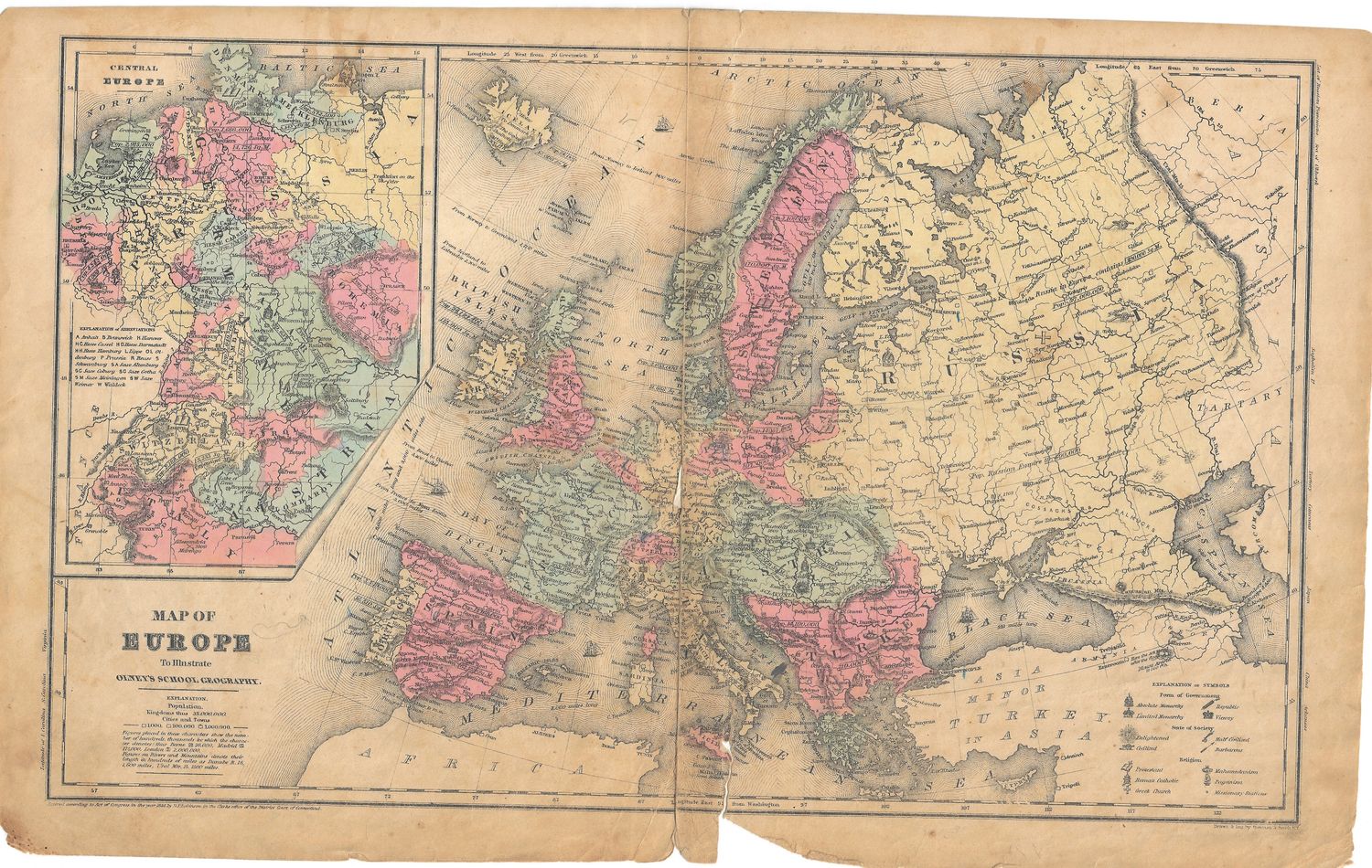 1844 Map of Europe from Olney&#39;s School Geography