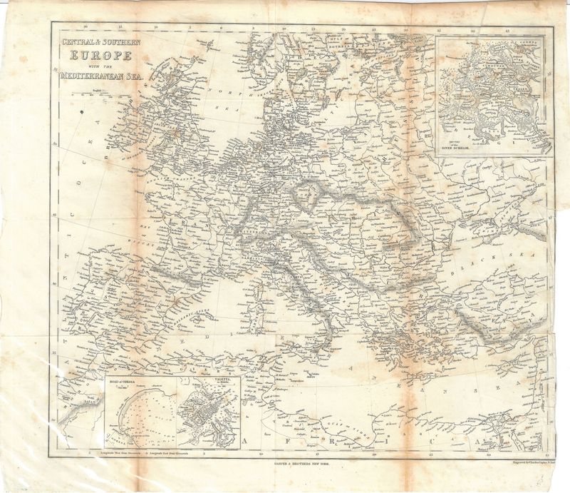 1858 Map of Central and Southern Europe by Harper and Brother