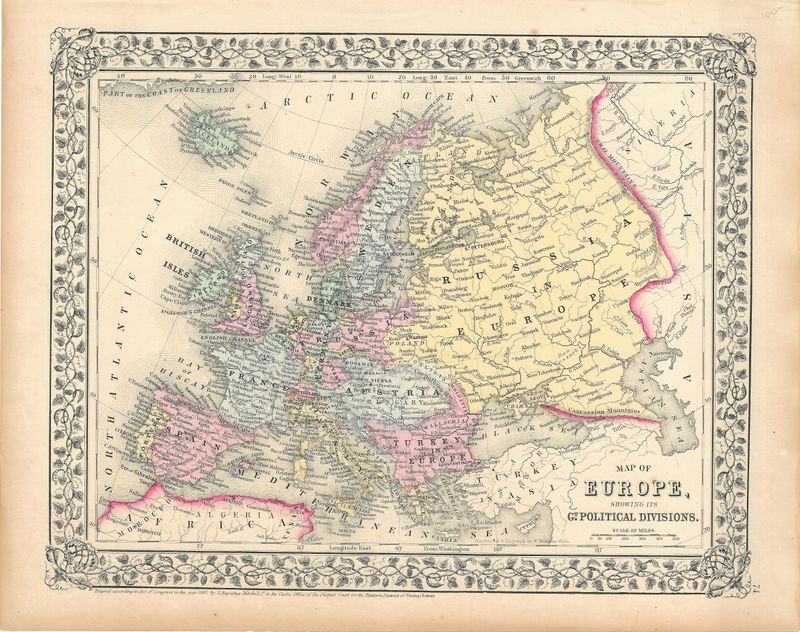 1867 Map of Europe by S. Augutus Mitchell