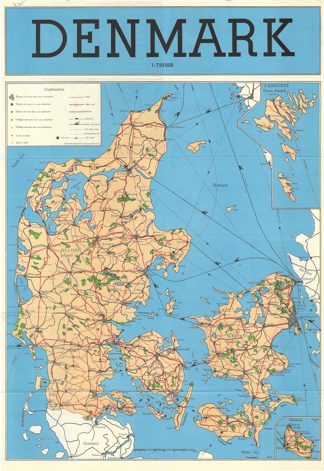1948 Map of Denmark in Dark Blue