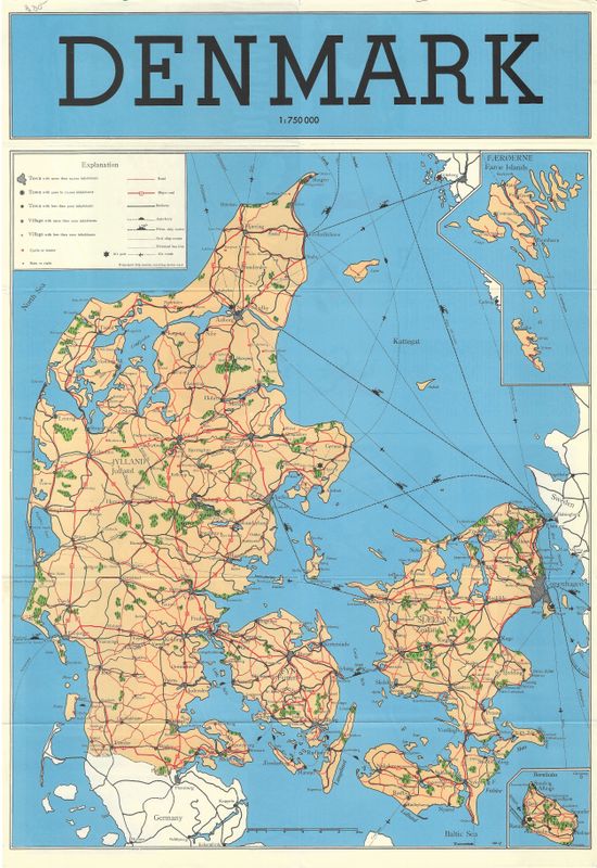 1948 Map of Denmark in Dark Blue