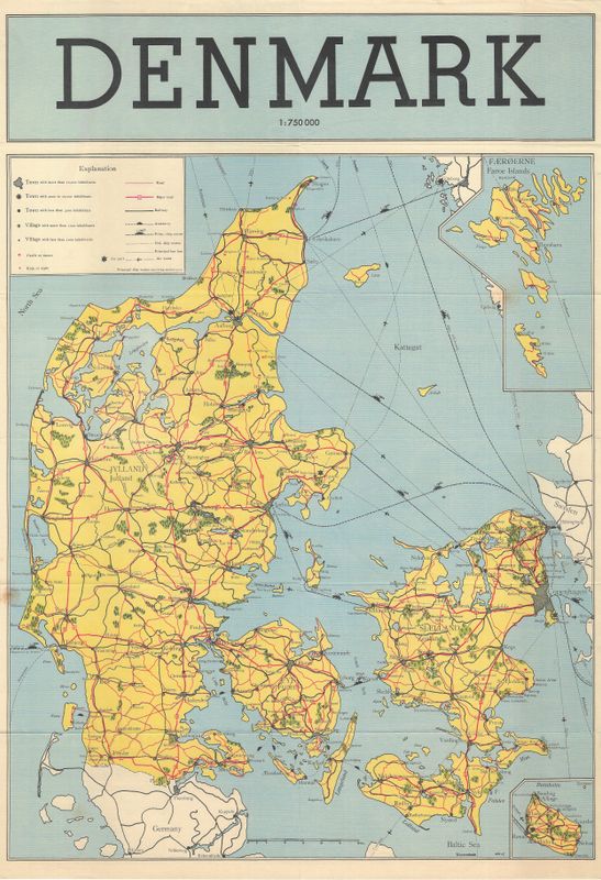1948 Map of Denmark in light Blue