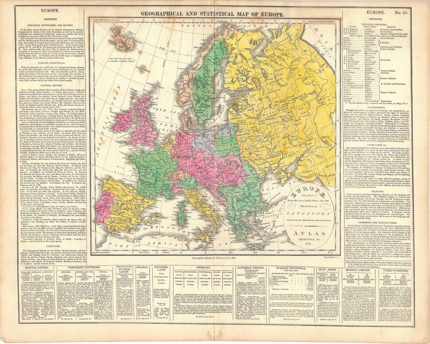 1821 Geographical &amp; Statistical Map of Europe from the Lavoisne&#39;s Atlas by J. Aspin