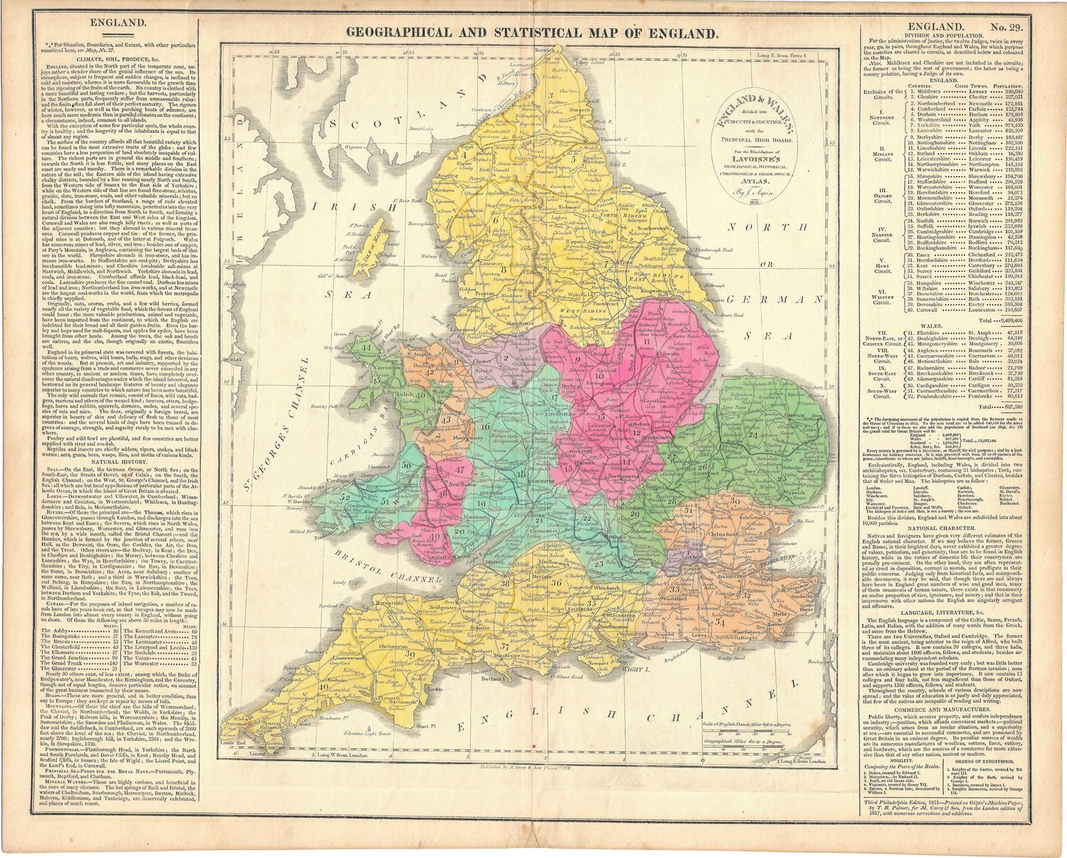 1821 Geographical &amp; Statistical Map of England from the  Lavoisne's Atlas by J. Aspin