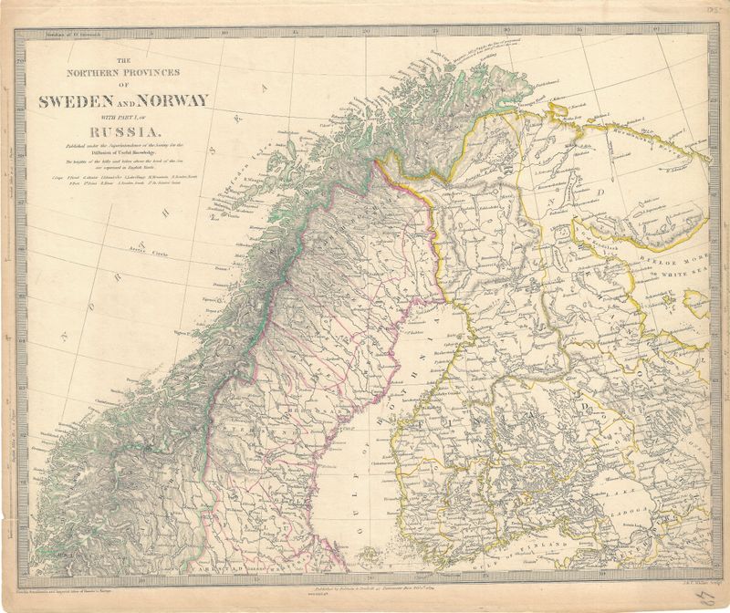 1833 Map of Northern Provinces of Sweden &amp; Norway w/ part of Russia by the SDUK