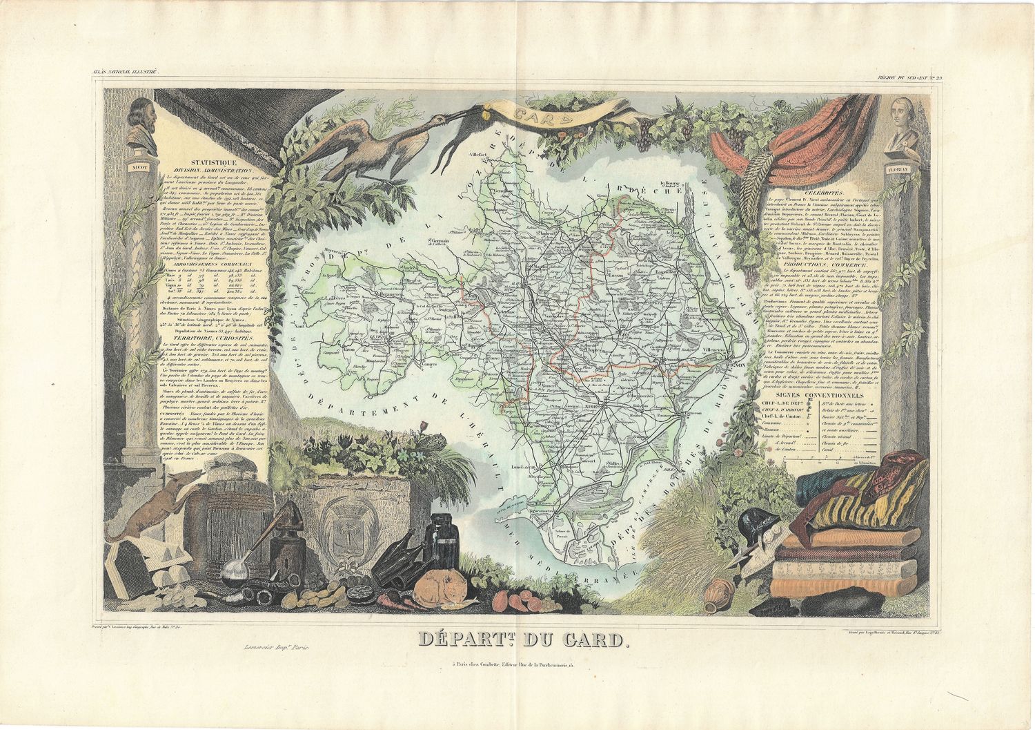 1852 Map of the Dept. Du Gard , France
