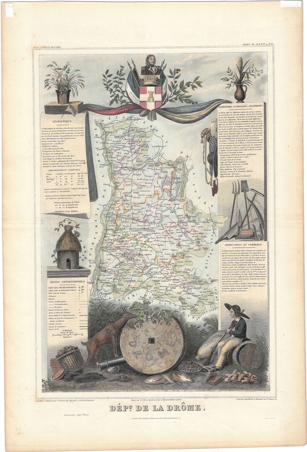 1852 Map of Dept De La Drome , France