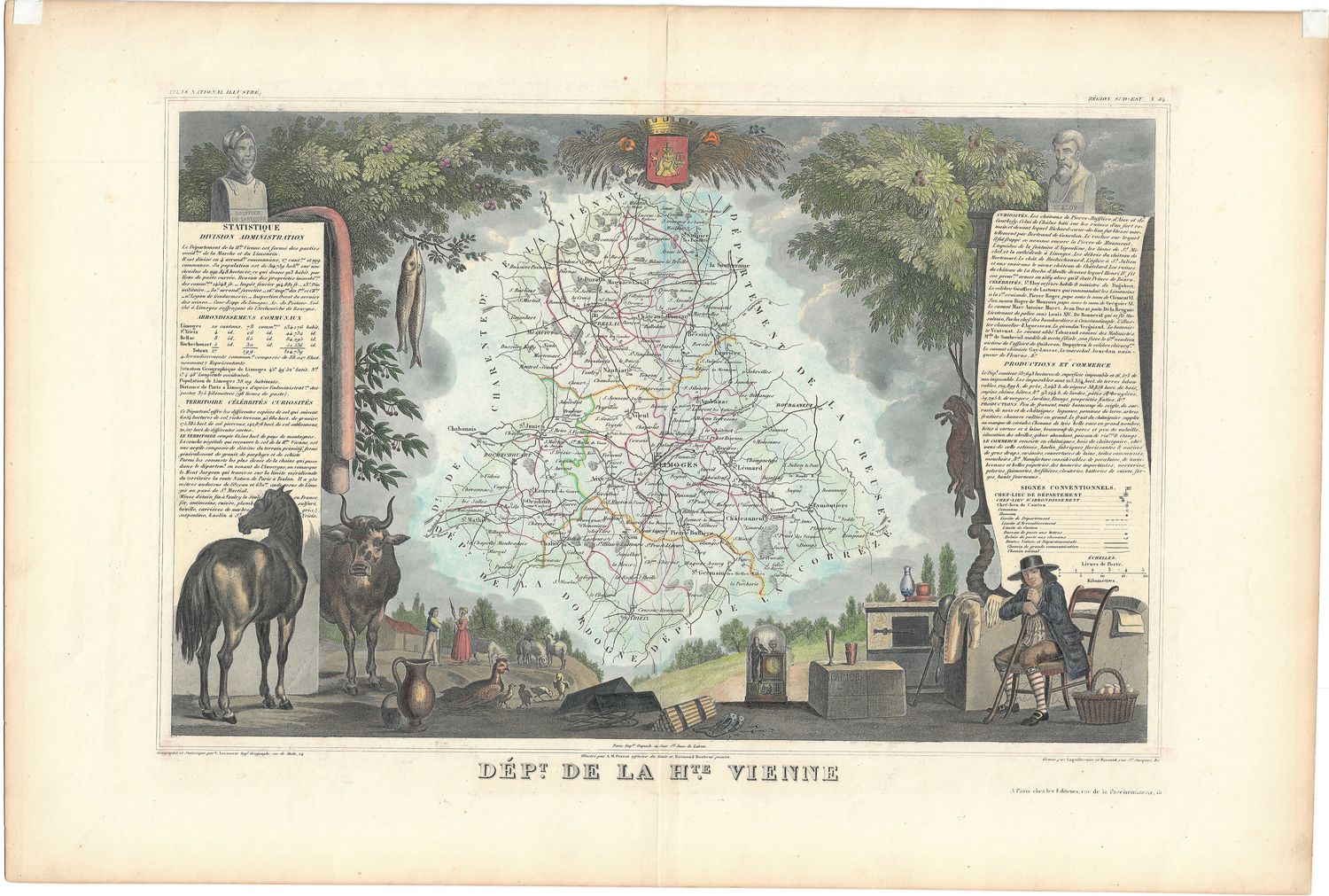 1852 Map of Dept De La Vienne, France