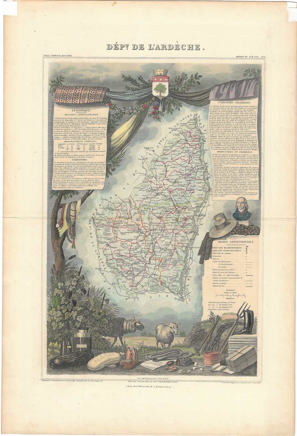 1852 Map of Dept De L'Ardeche, France