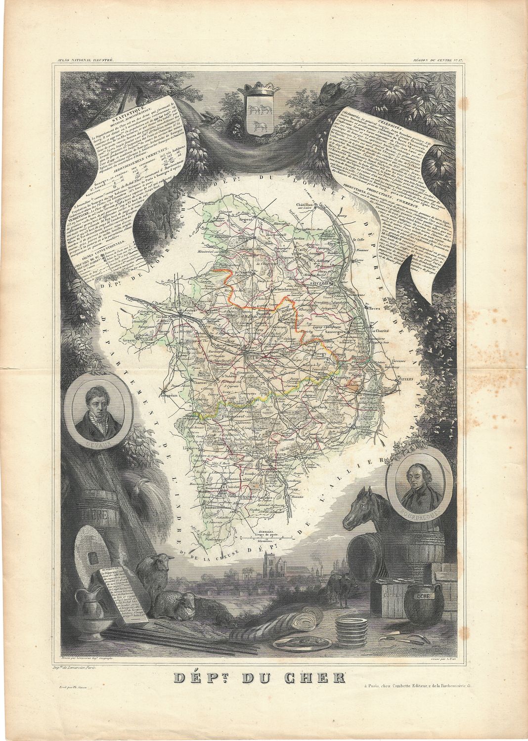1852 Map of Dept Du Cher, France