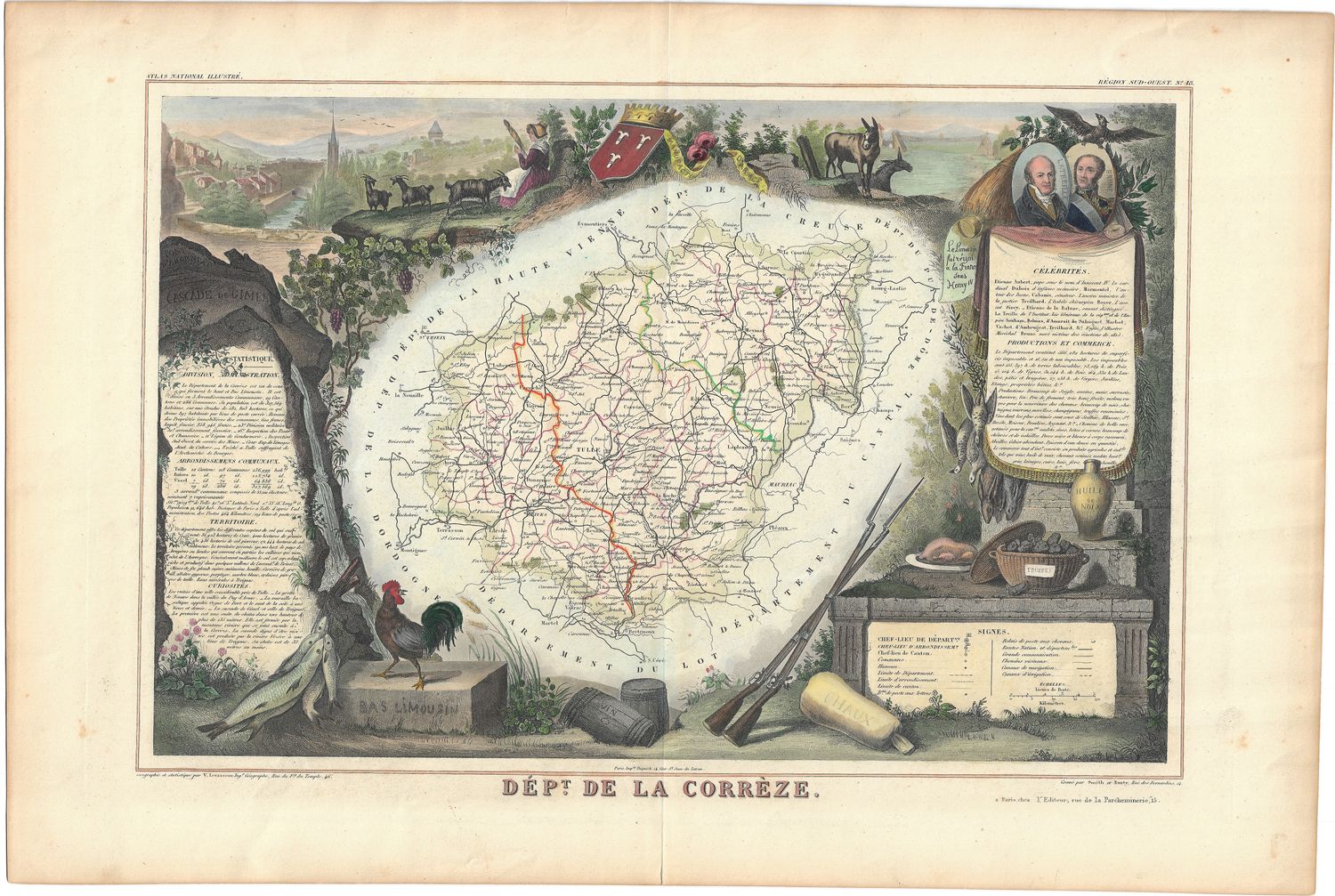 1852 Map of Dept De La Correze, France 