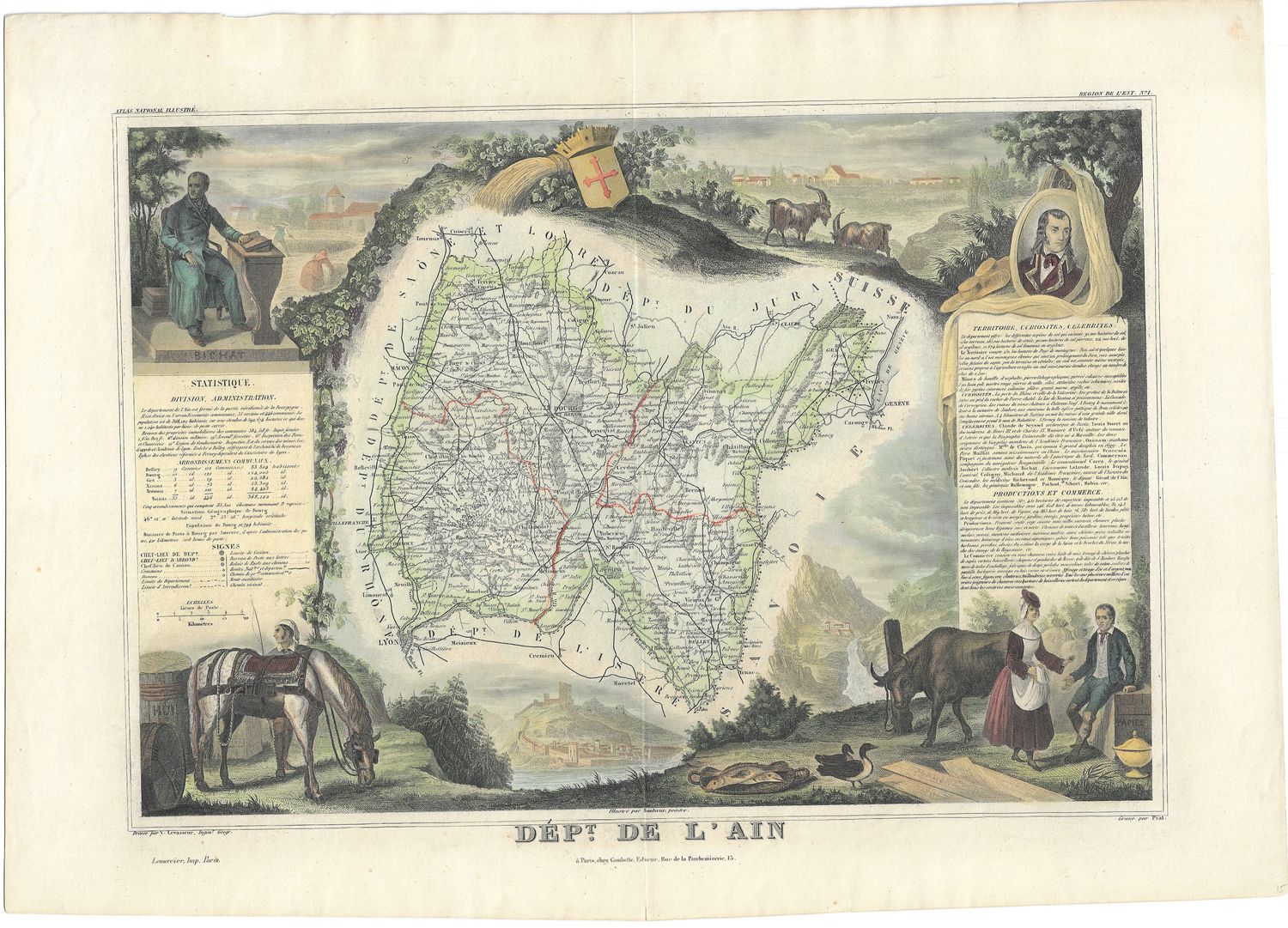 1854 Illustrated Department Map  de L'Ain France