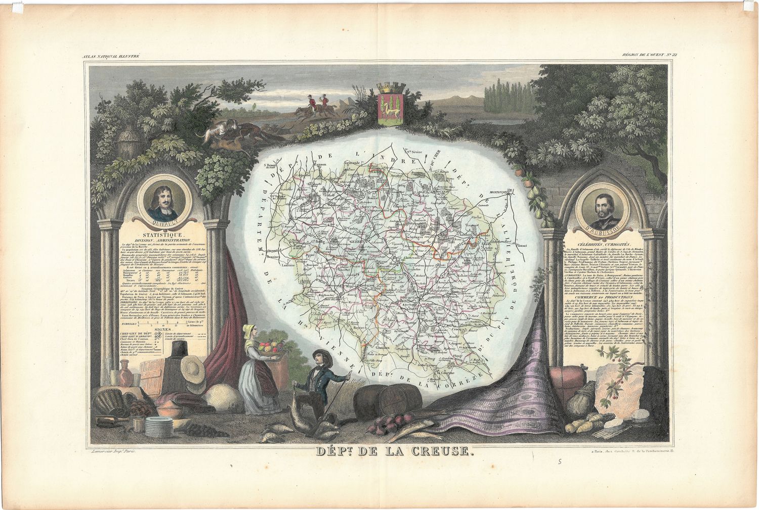 1854 Illustrated Department Map de la Creuse, France