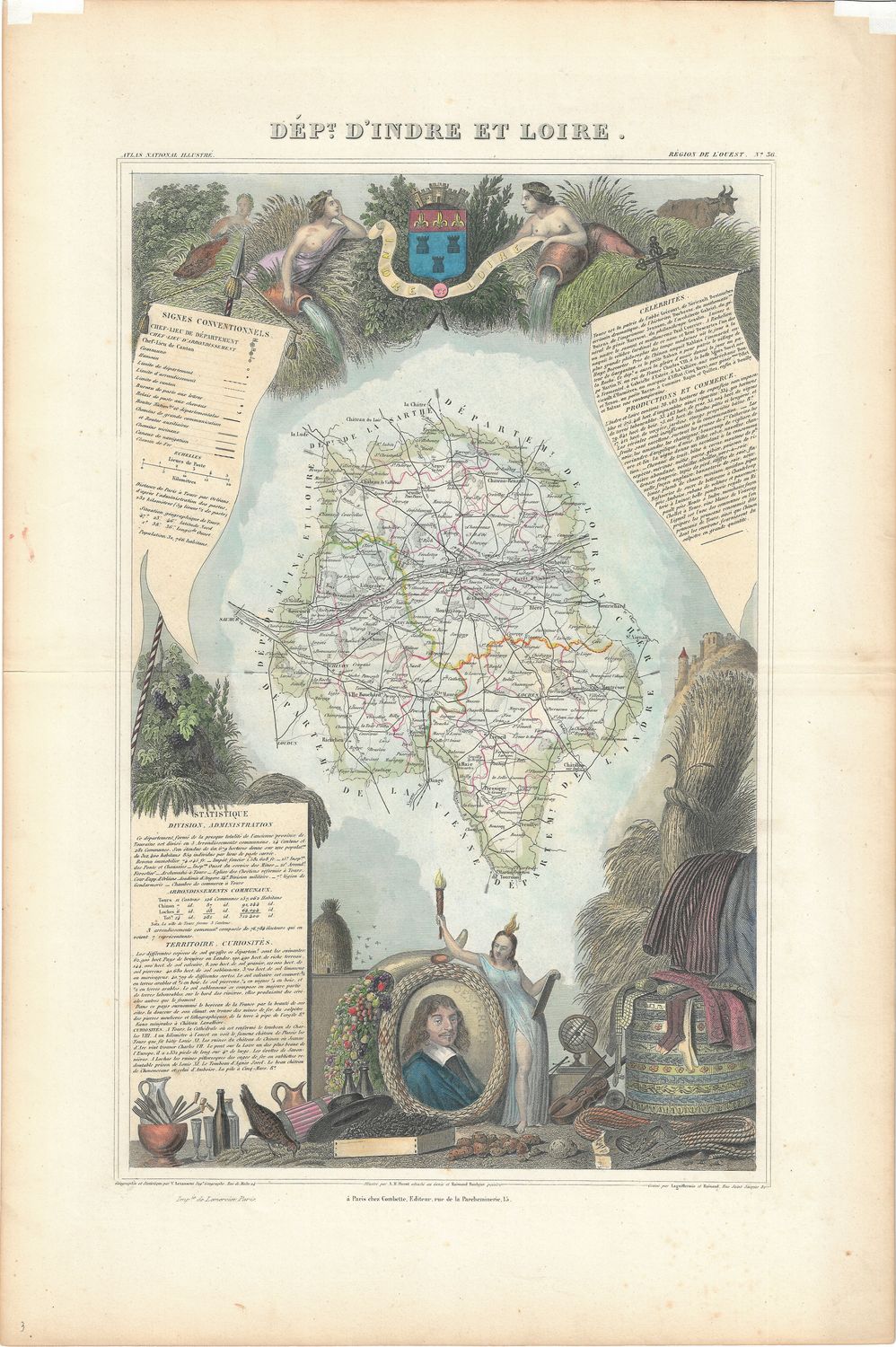 1854 Illustrated Department Map D'Indre et Loire, France