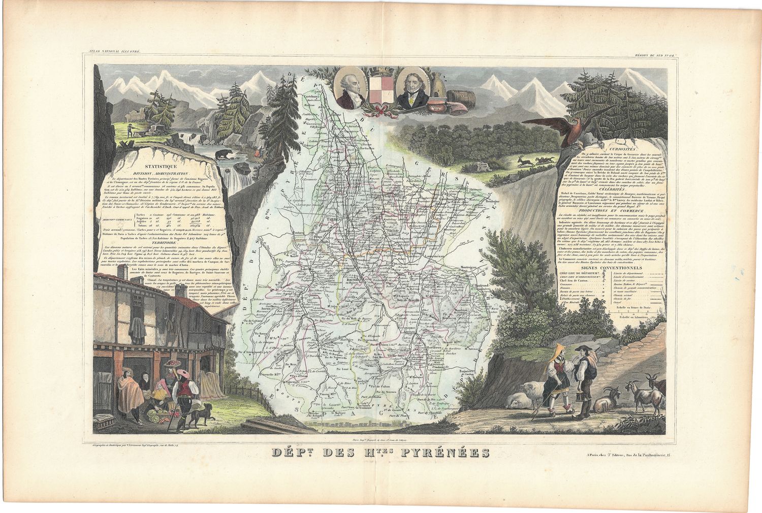 1854 Illustrated Department Map de Haute Pyrenees, France