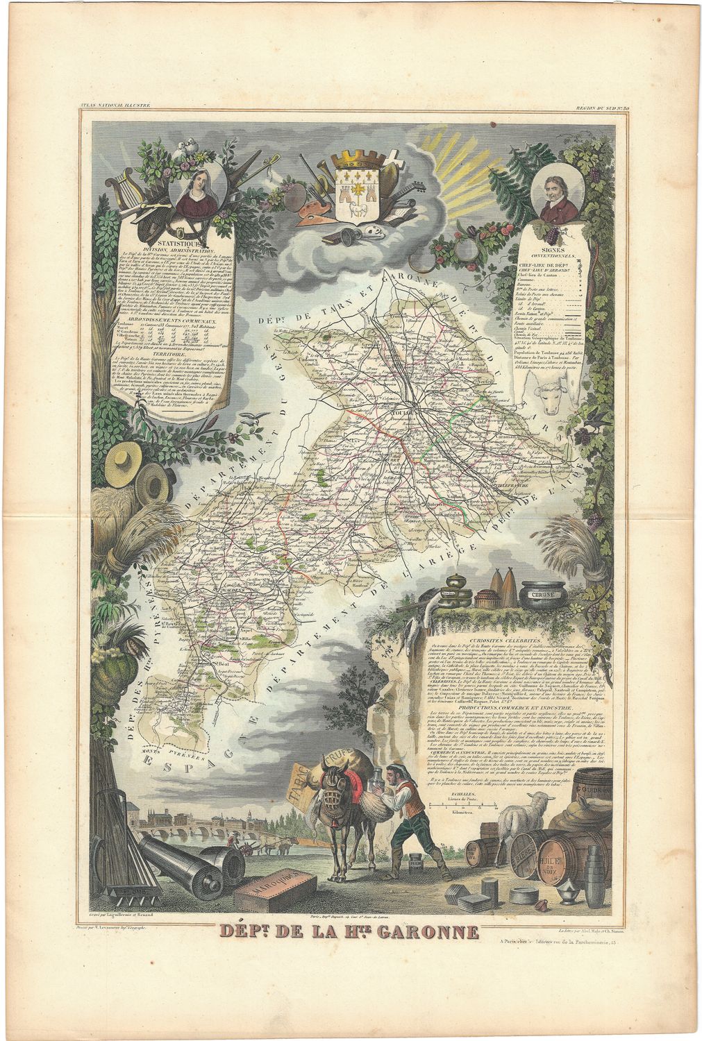 1854 Illustrated Department Map de la Haute Garrone , France