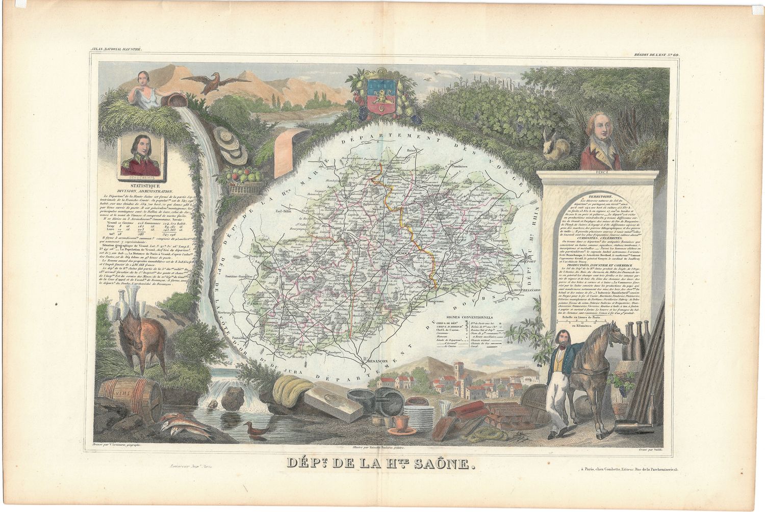 1854 Illustrated Department Map  de la Haute Saone, France