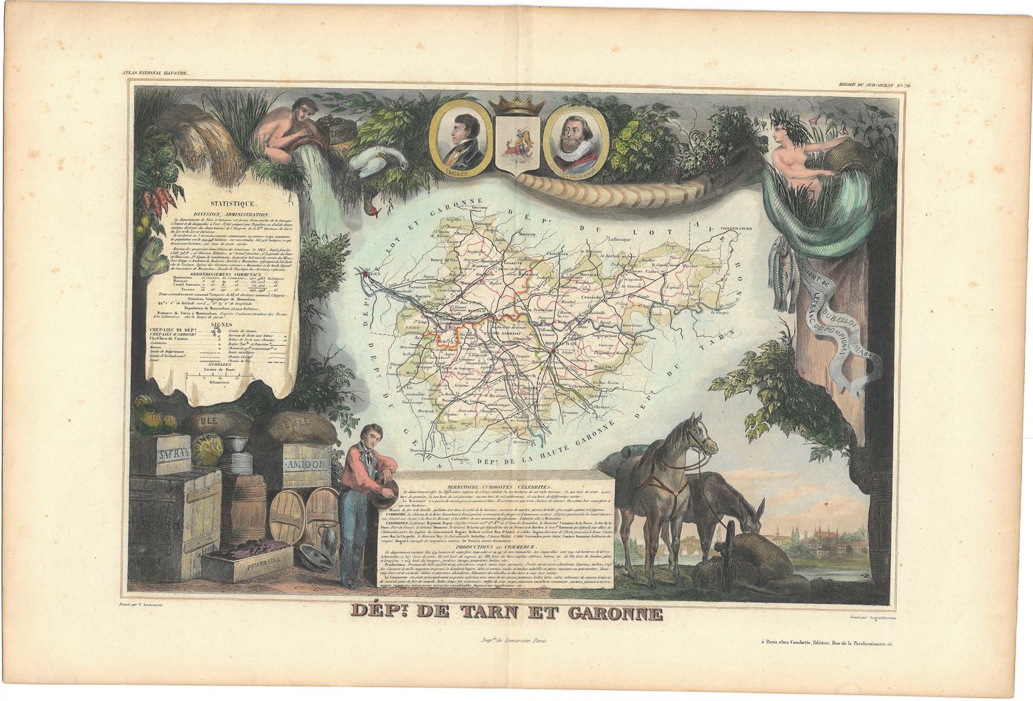 1854 Illustrated Department Map de Tarn et Garonne, France