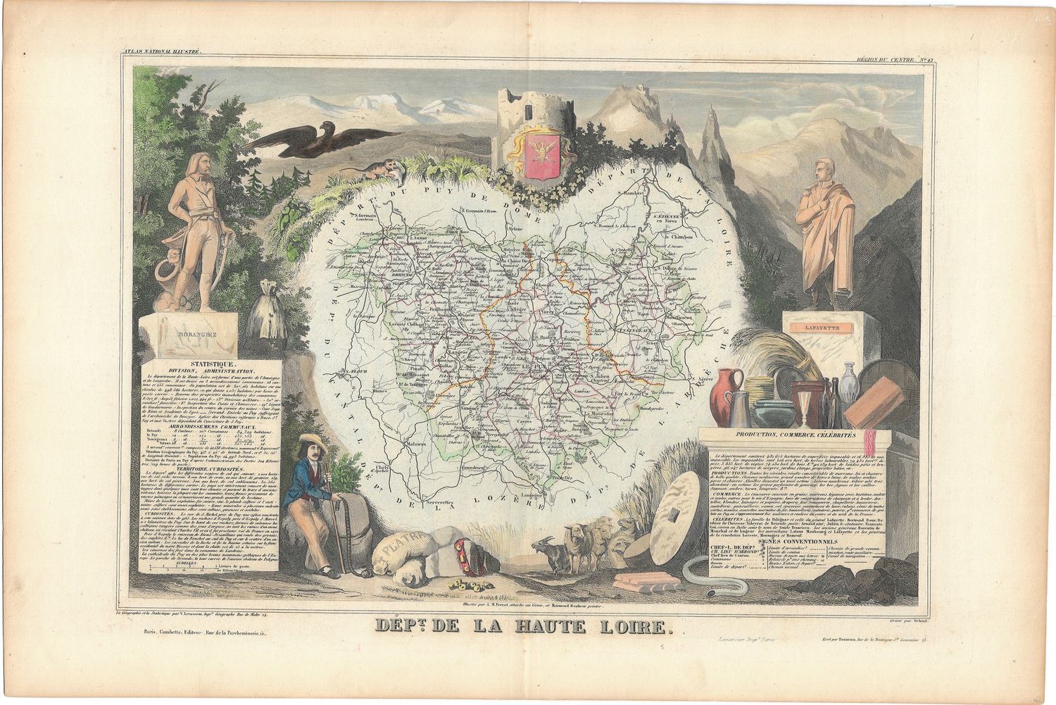 1854 Illustrated Department Map de la Haute Loire, France