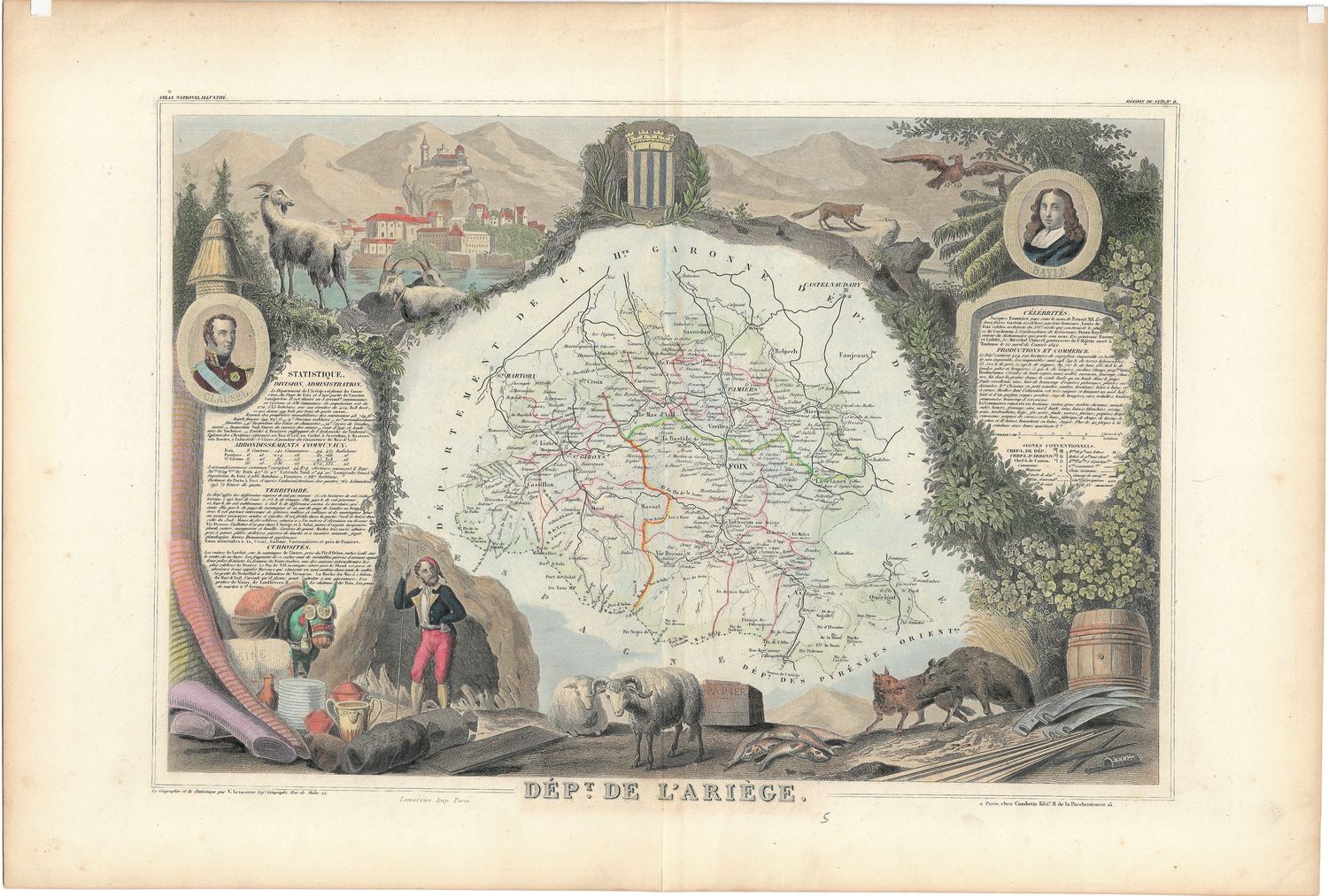 1854 Illustrated Department Map de L&#39;Airege, France