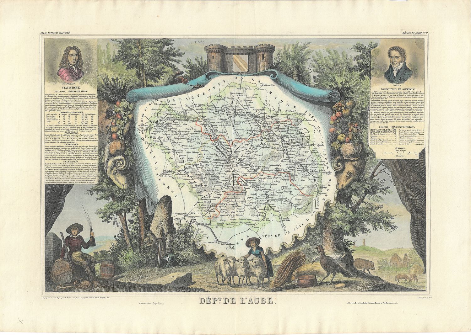 1854 Illustrated Department Map de Laube, France