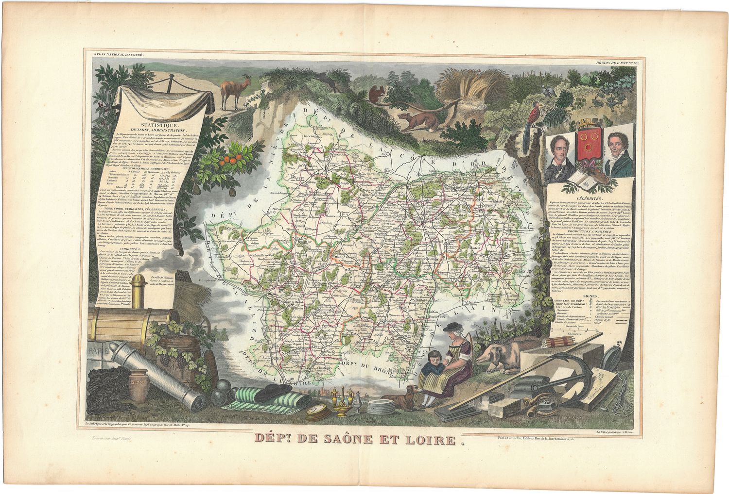 1854 Illustrated Department Map de Saone et Loire, France