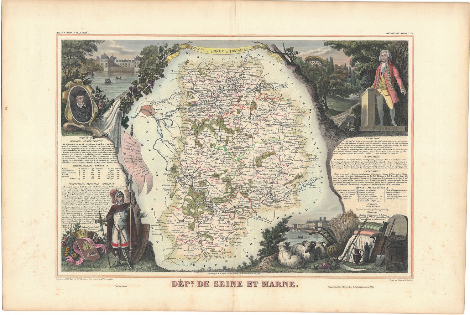 1854 Illustrated Department Map de Seine et Marne, France