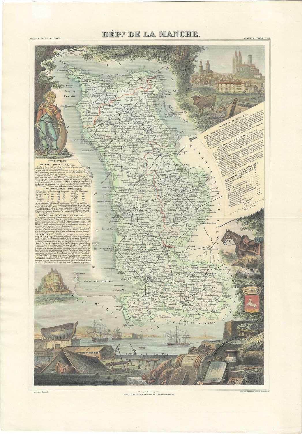 1854 Illustrated Department Map de la Manche, France