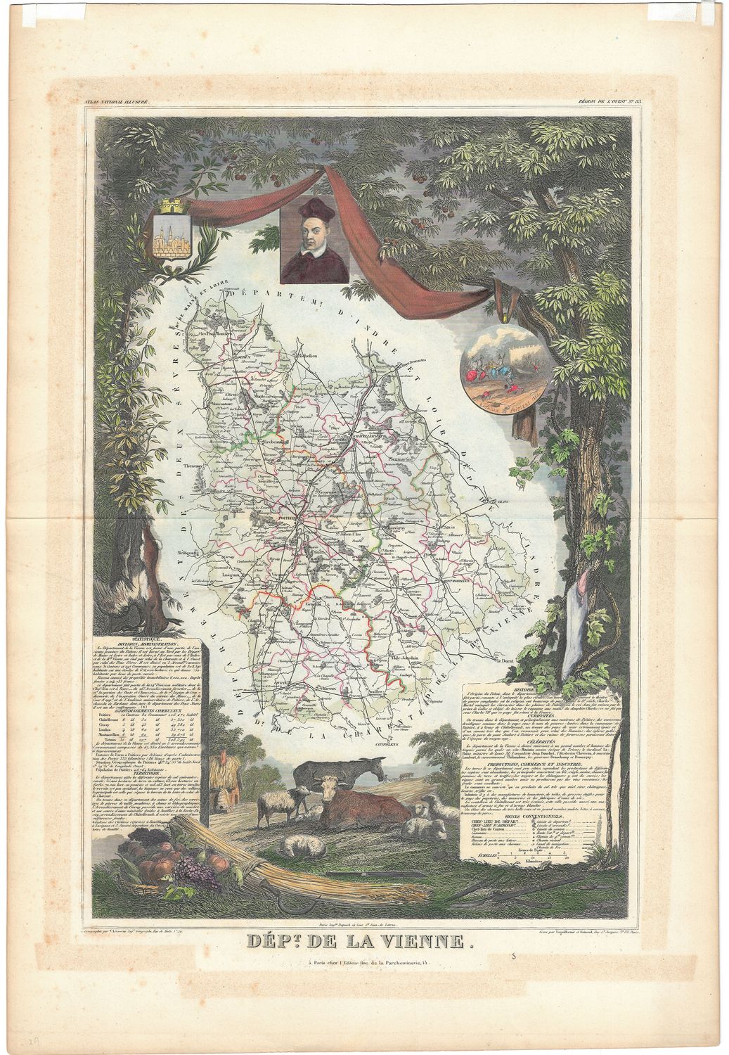 1854 Illustrated Department Map de la Vienne, France