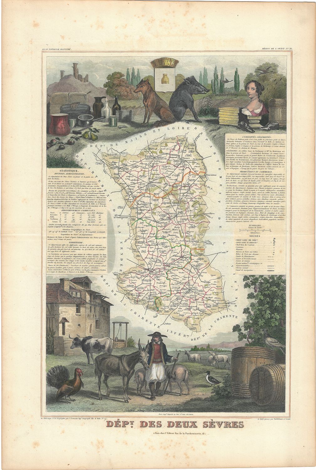 1854 Illustrated Department Map des Deux Sevres, France