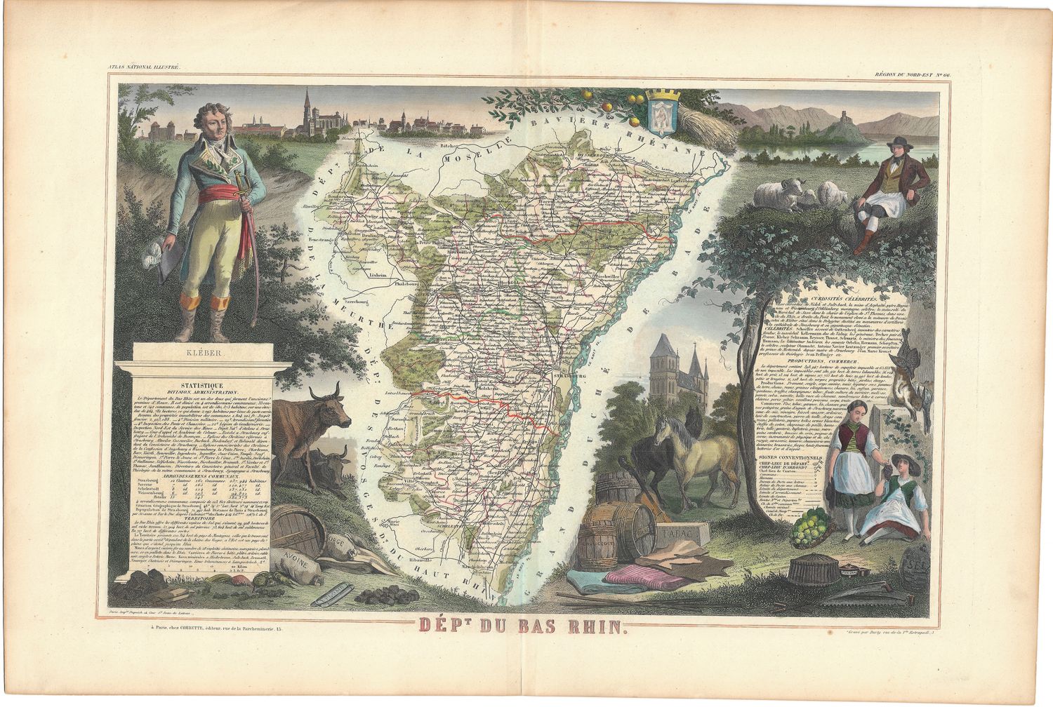 1854 Illustrated Department Map du Bas Rhin, France