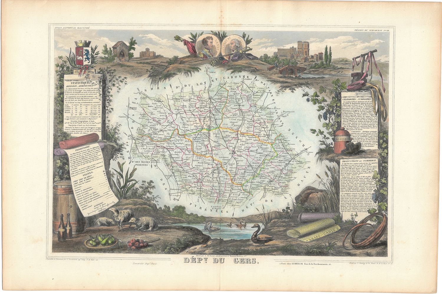 1854 Illustrated Department Map du Gers, France