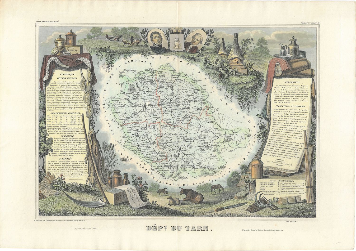 1854 Illustrated Department Map du Tarn, France