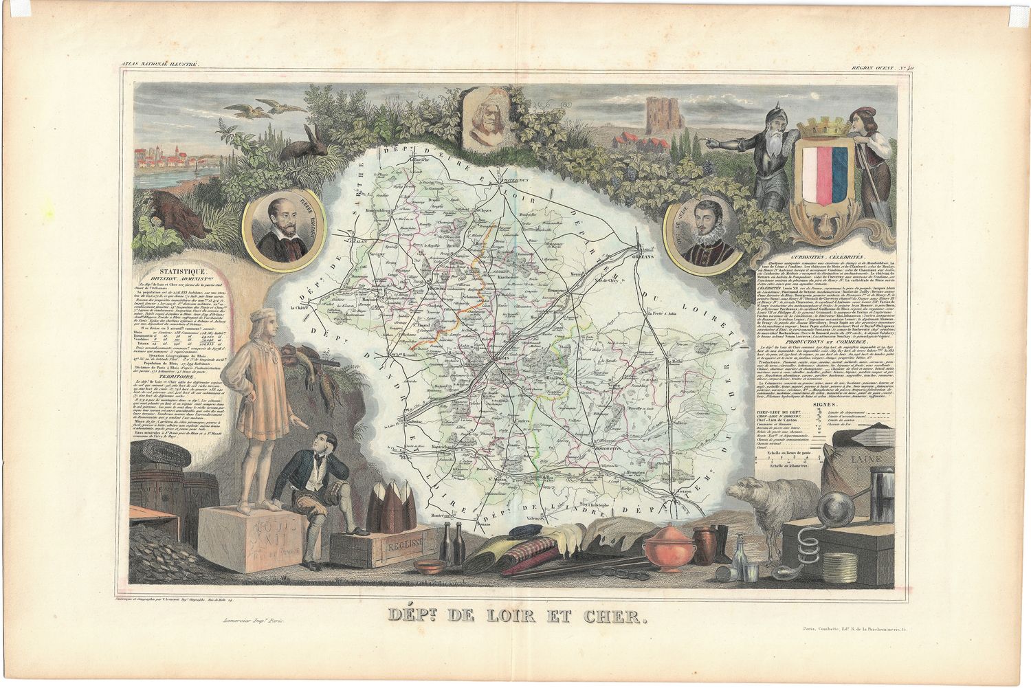 1854 Illustrated Department Map de Loir et Cher, France
