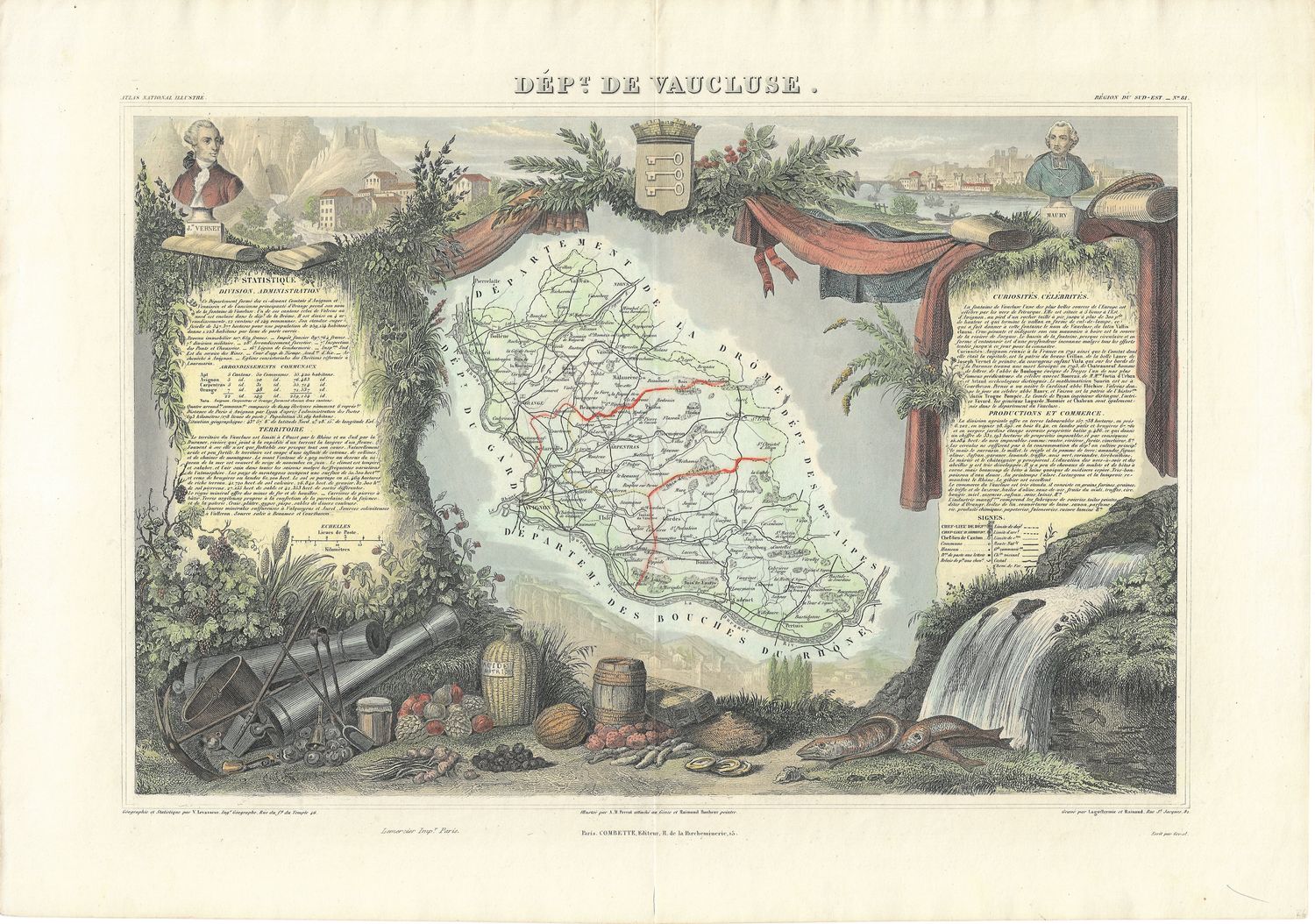 1854 Illustrated Department Map de Vaucluse, France