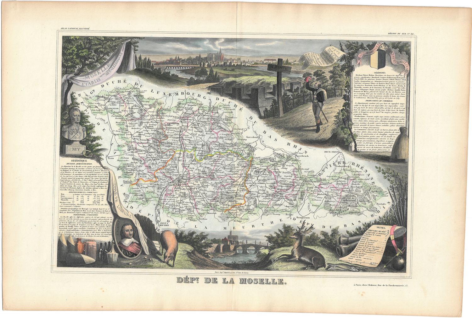 1854 Illustrated Department Map de la Moselle, France