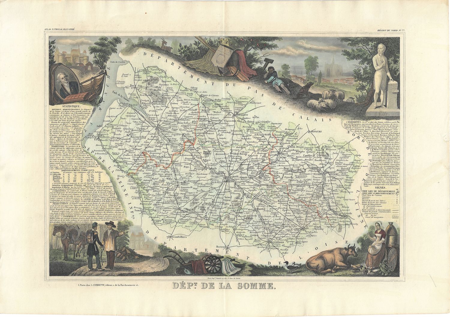 1854 Illustrated Department Map de la Somme, France