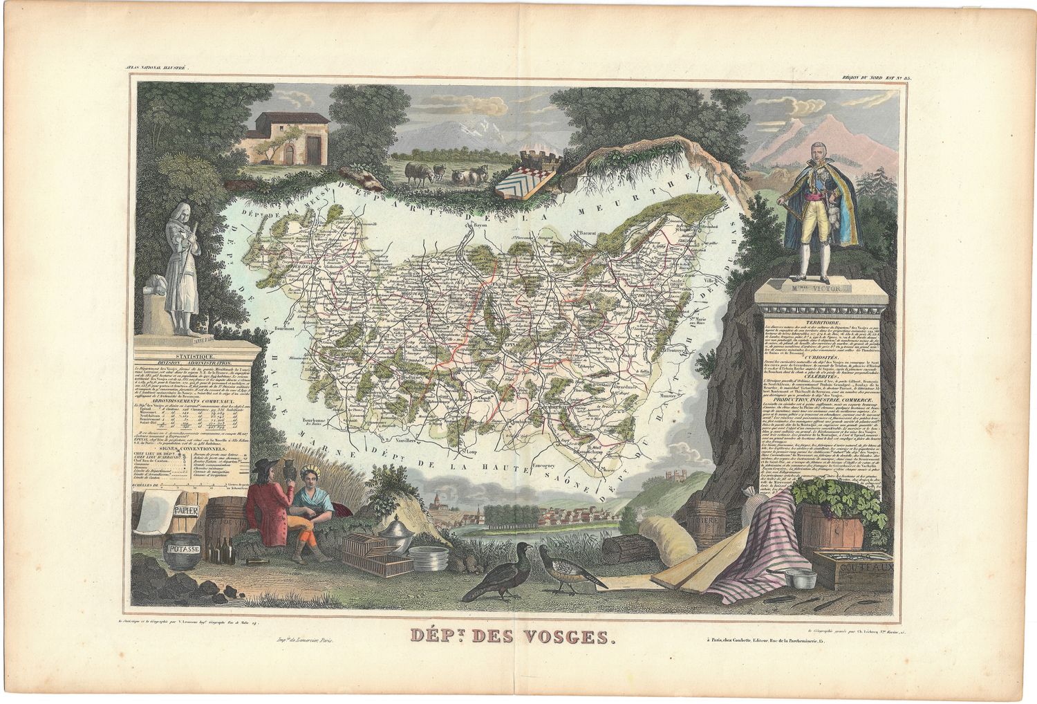 1854 Illustrated Department Map des Vosges, France