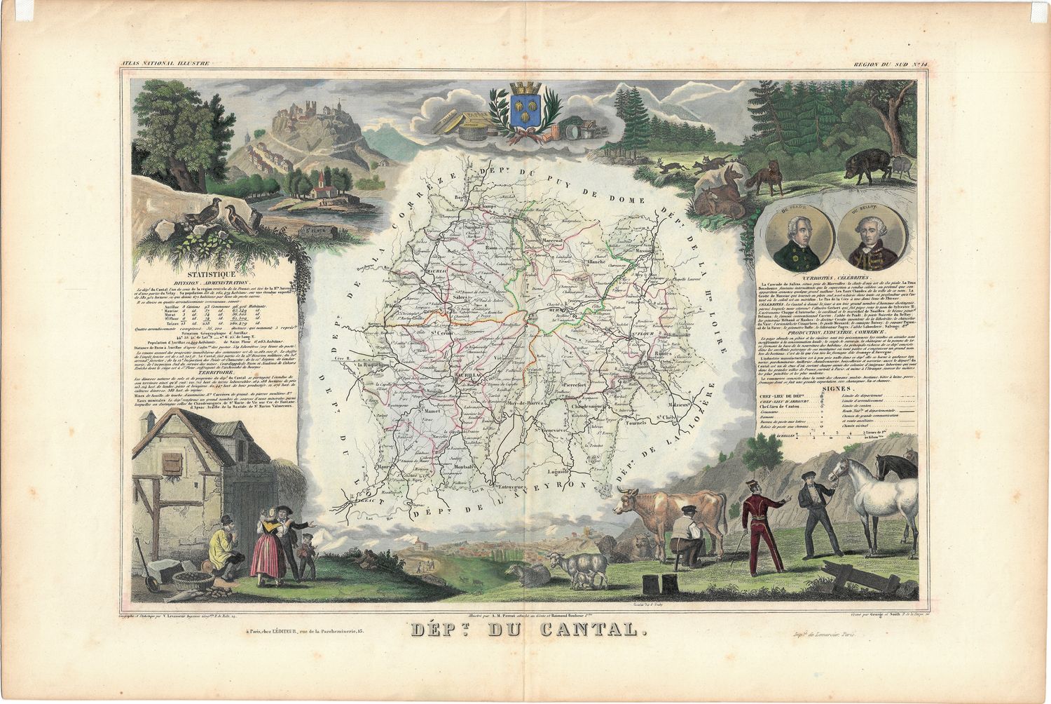 1854 Illustrated Department Map du Cantal, France