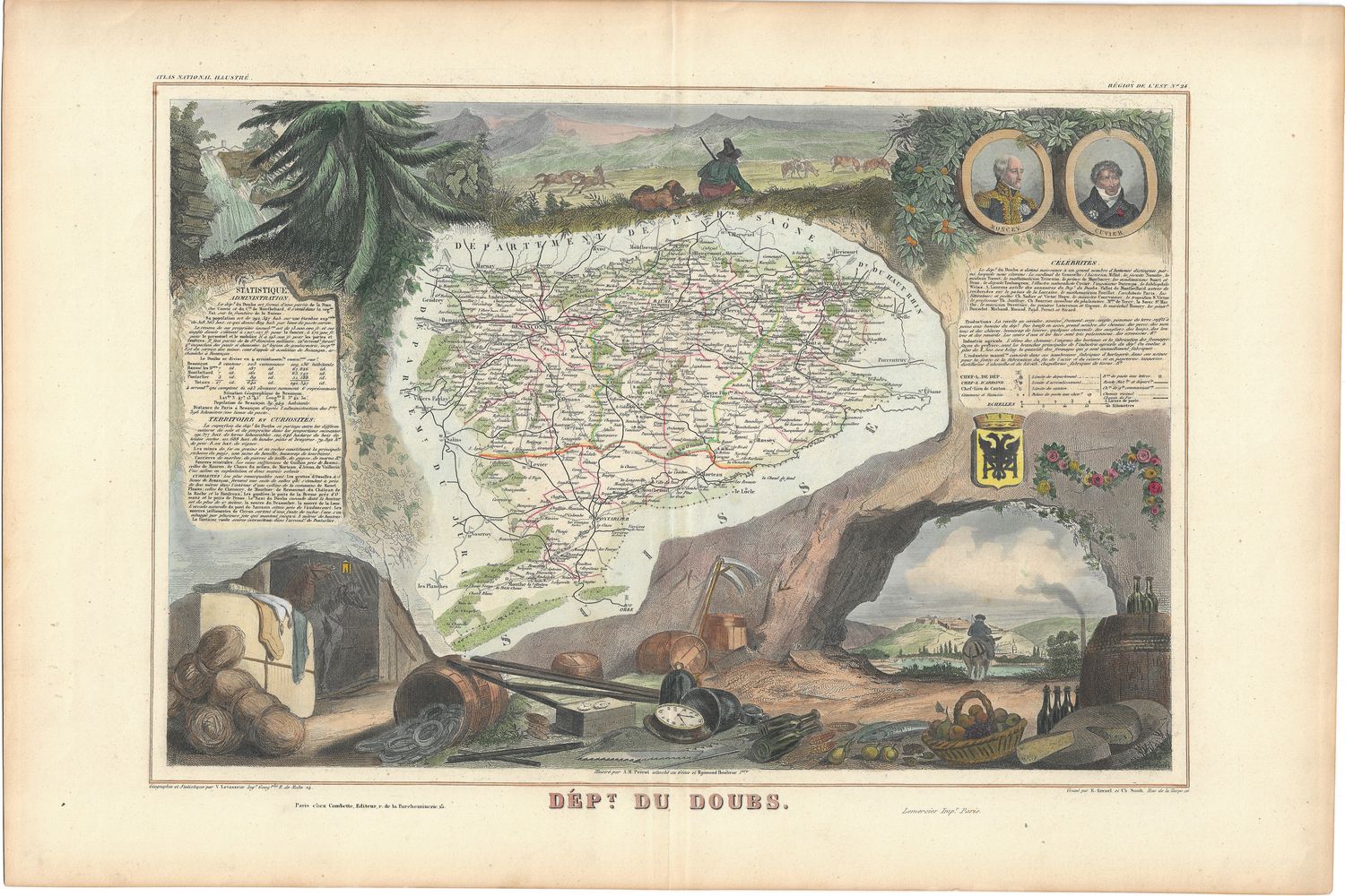 1854 Illustrated Department Map du Doubs, France