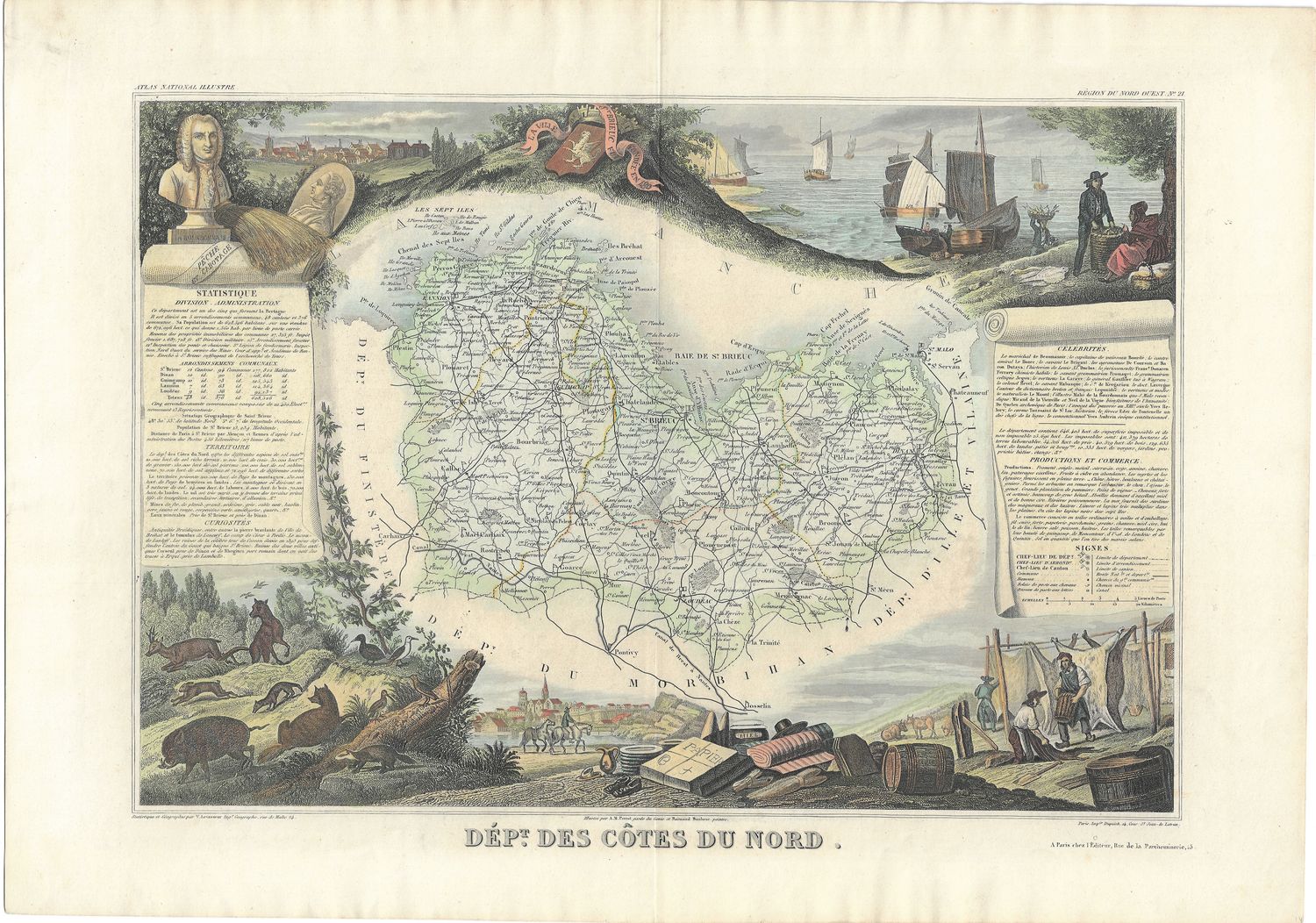 1854 Illustrated Department Map des Cotes Du Nord, France