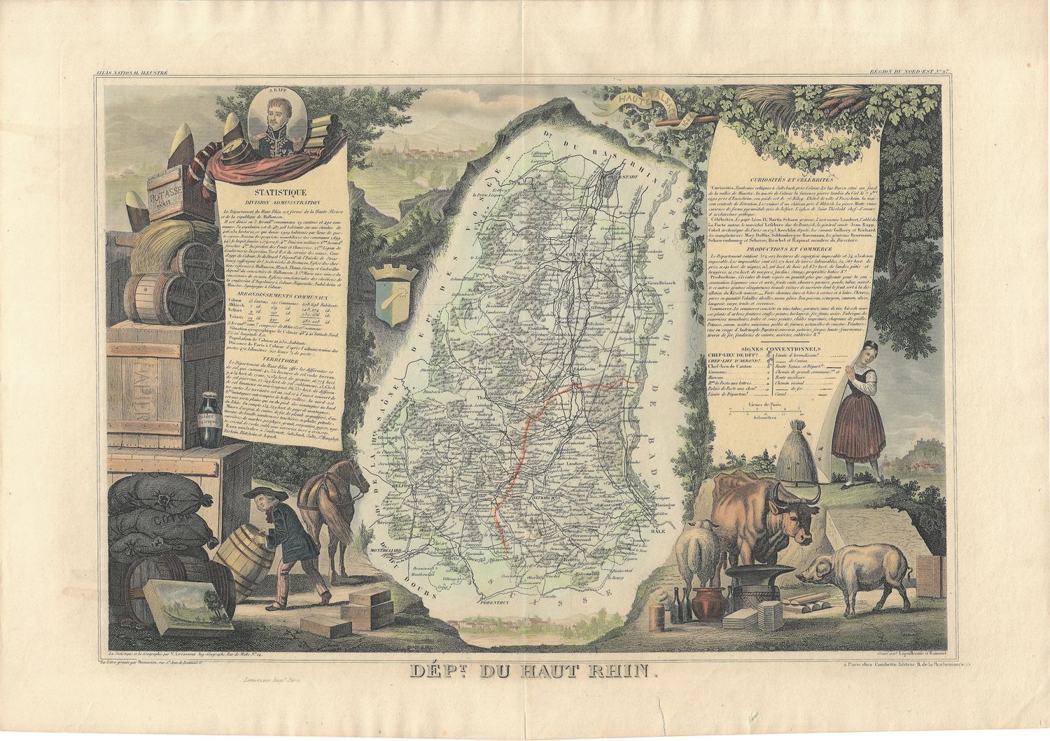 1854 Illustrated Department Map du Haut rhin, France