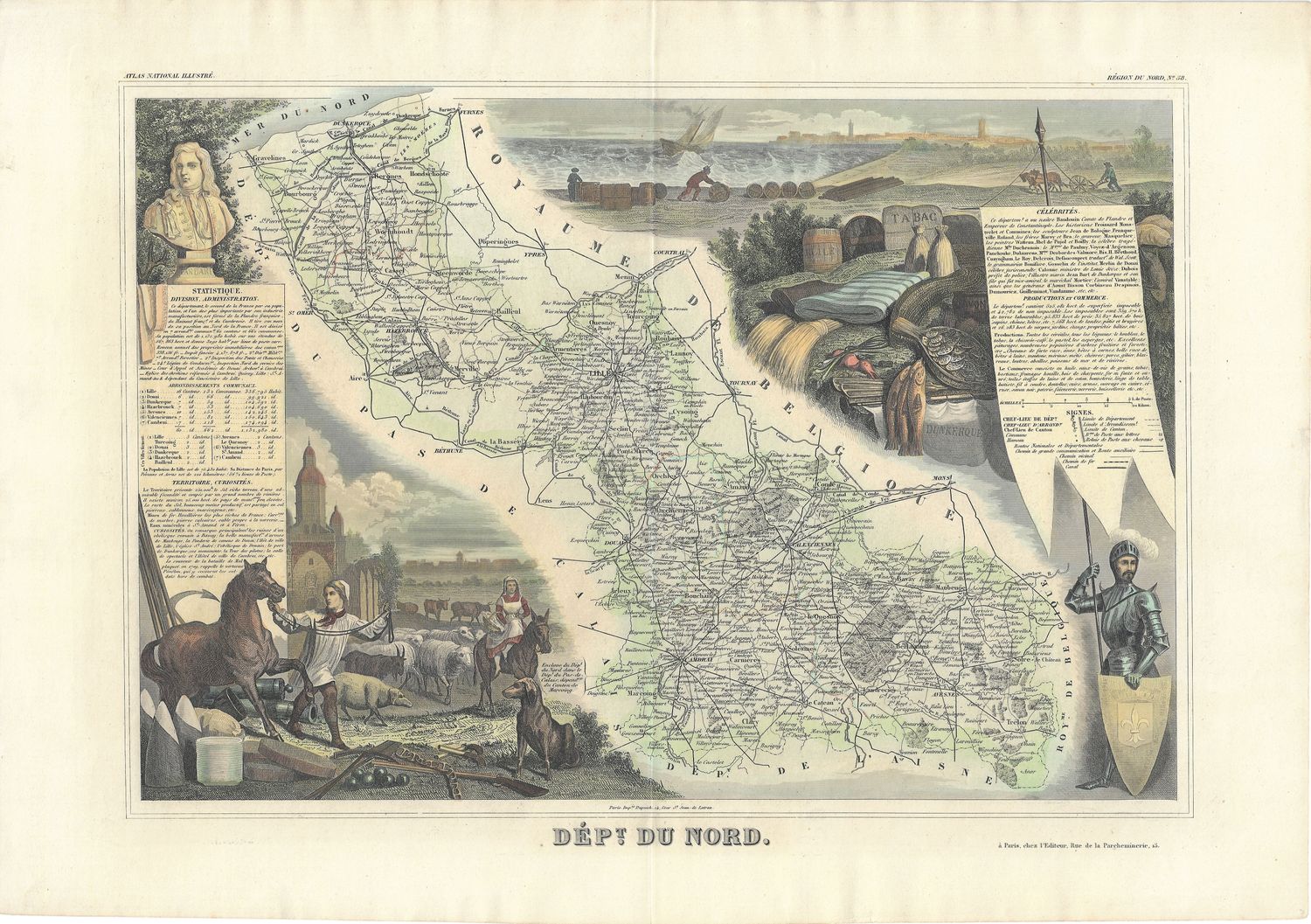 1854 Illustrated Department Map du Nord, France
