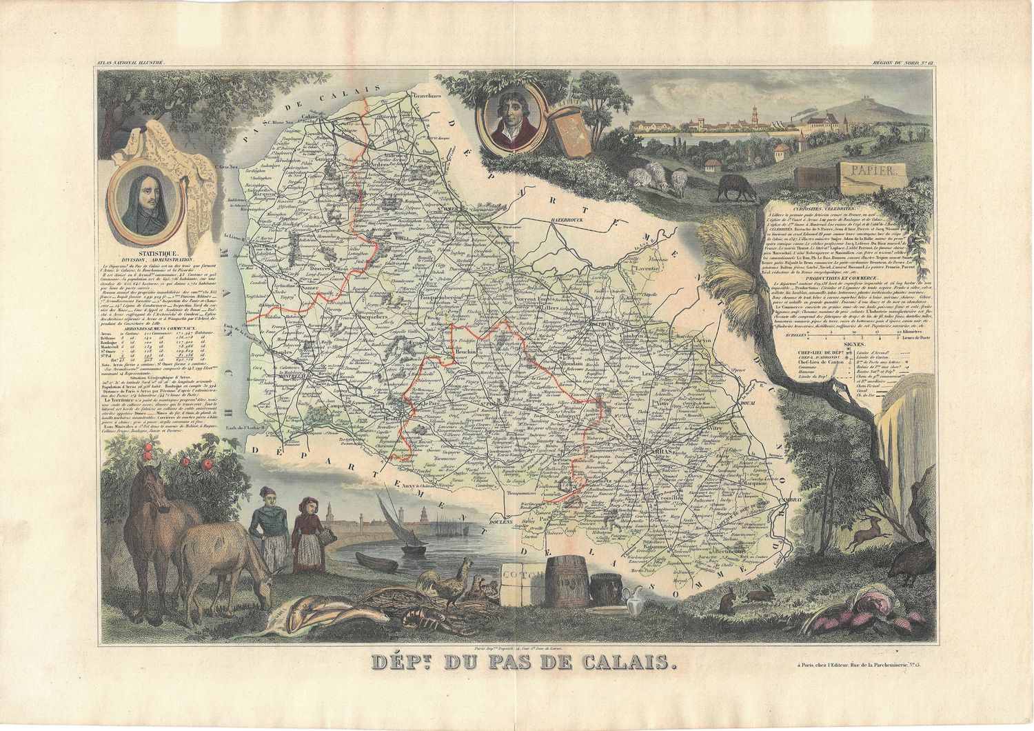 1854 Illustrated Department Map du Pas de Calais, France