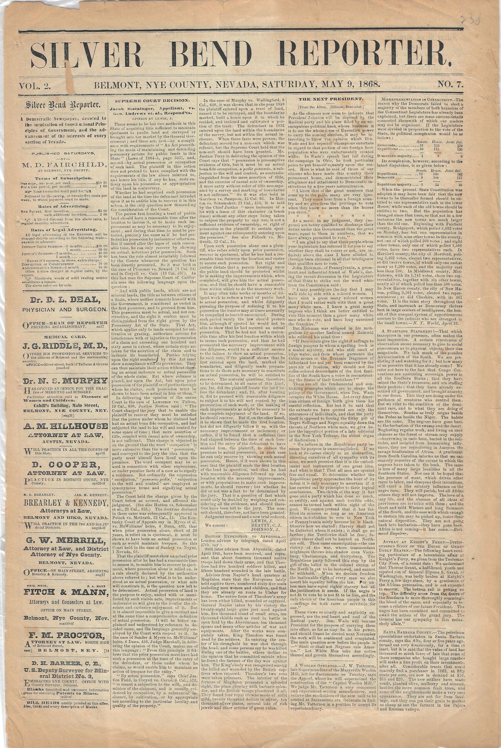 1868 Silver Bend Reporter Newspaper - Belmont, Nv.