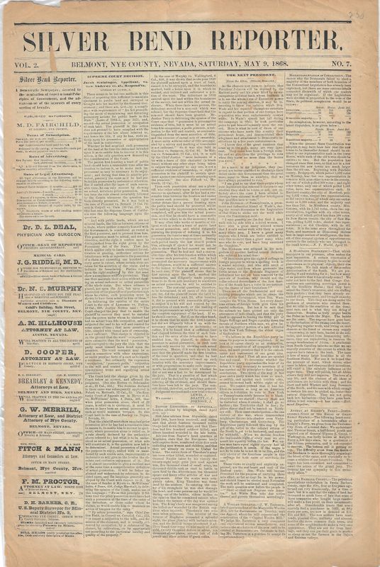 1868 Silver Bend Reporter Newspaper - Belmont, Nv.